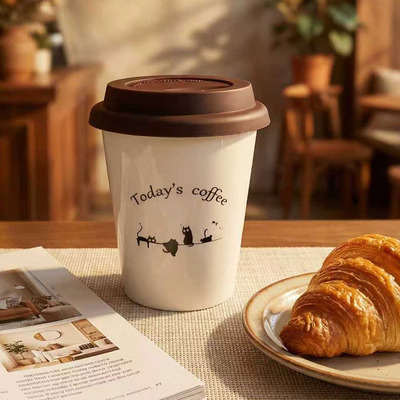 Today's coffee陶瓷咖啡杯原创猫咪图案美式拿铁杯子带盖手握杯