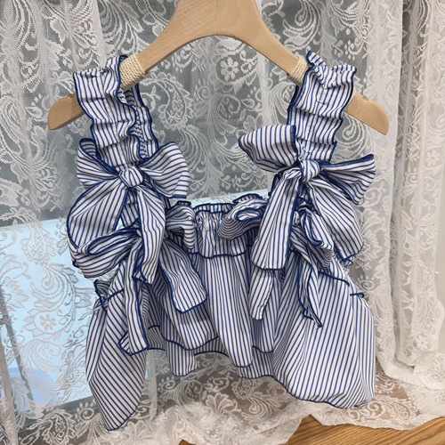 蓝条纹蝴蝶结小吊带