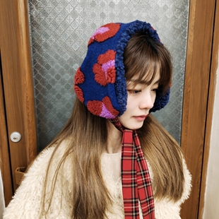 日系可爱花朵秋冬保暖护耳毛线帽百搭显脸小包头帽