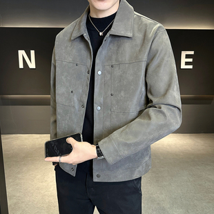 潮牌pu百搭修身 皮衣上衣2025新品 翻领休闲防风男夹克外套 新款 秋季