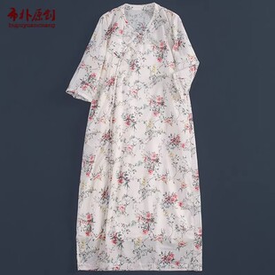 连衣裙送吊带绵绵 清雅印花旗袍改良开叉长款 布朴家作2026夏季 新款