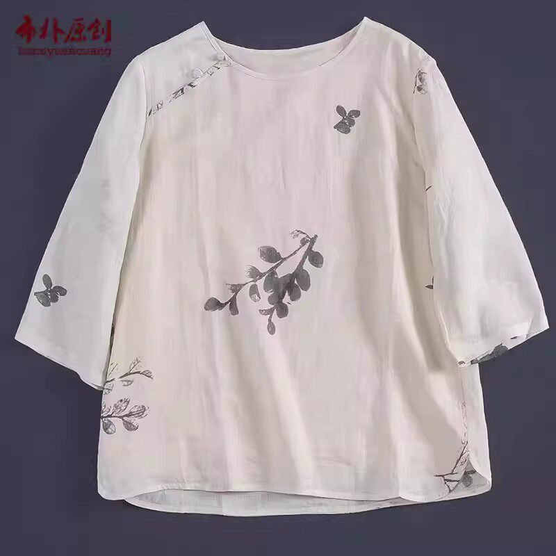 文艺百搭苎麻印花衬衫套头衫