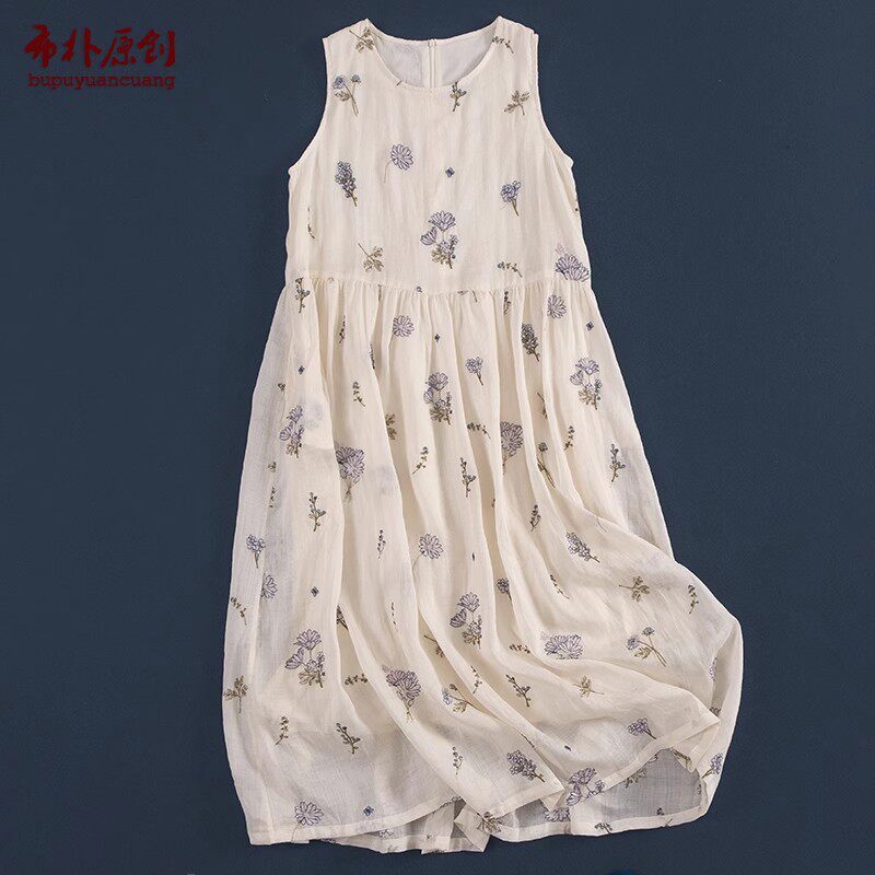 布朴家作2026夏季新款文艺苎麻绣花收腰显瘦印花仙气袍子背心长裙