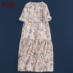 碎花裙 印花亚麻连衣裙轻薄宽松浪漫文艺五分袖 布朴家作2026夏季 款