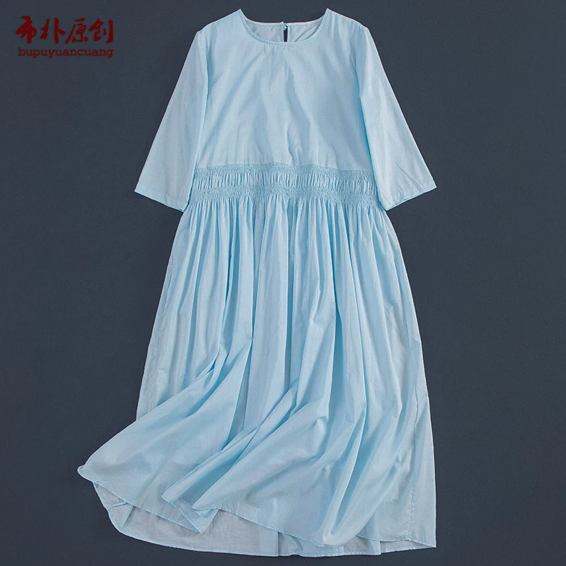 布朴家作2026夏季净色匹马棉连衣裙女纯棉轻薄度假浪漫蓝色长裙