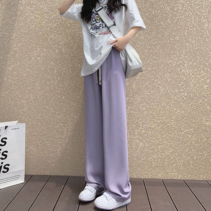 紫色女裤2026夏季新款宽松垂感直筒休闲长裤松紧腰冰丝速干阔腿裤