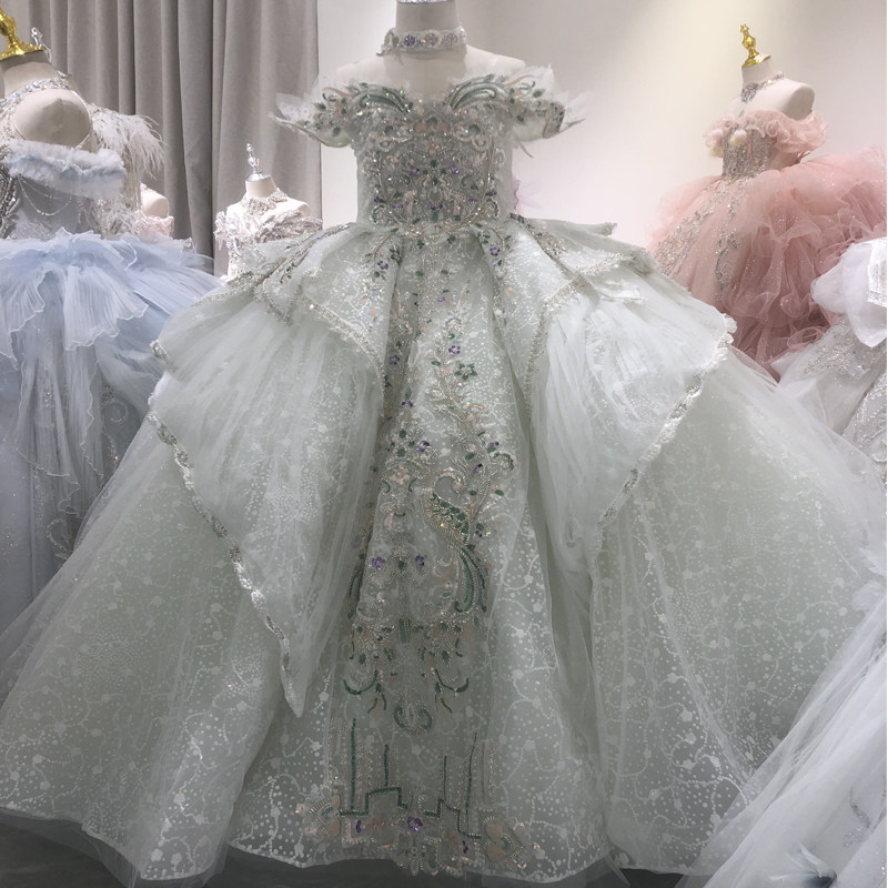 新款儿童礼服女童重工高端主持蓬蓬裙女孩生日华丽小拖尾纱裙