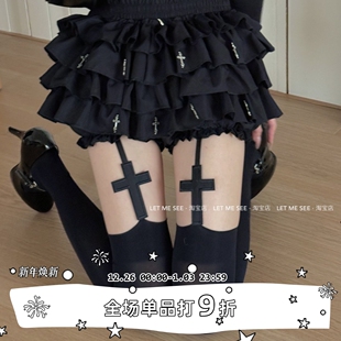 原创暗黑辣妹十字架过膝袜朋克亚文化连裤 SEE 袜吊带袜 LET