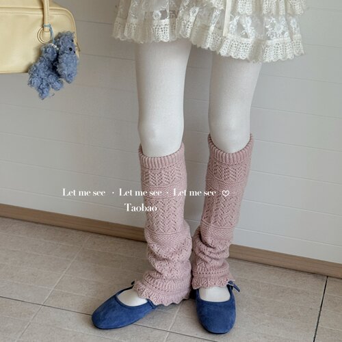 LET ME SEE 自制古早感羊毛镂空袜套 针织蕾丝腿套毛线花边小腿袜