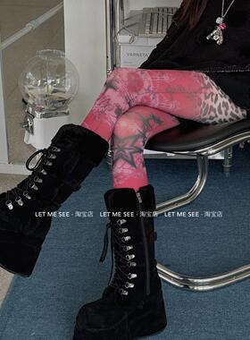 LET ME SEE原创 小众设计印花连裤袜亚文化辣妹丝袜红色打底袜