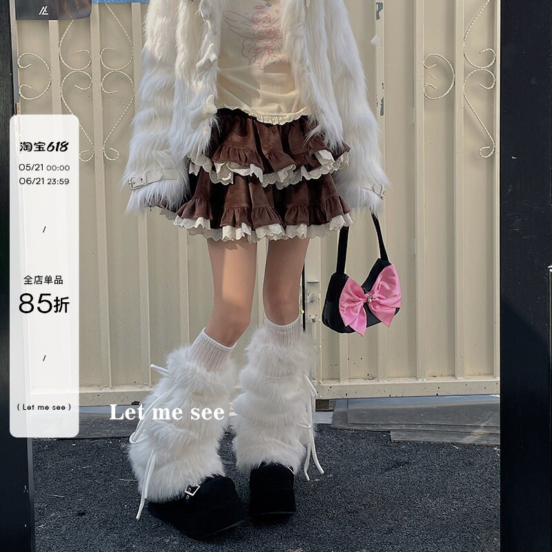 LET ME SEE超厚毛绒蝴蝶结绑带腿套中筒y2k辣妹仿兔毛保暖袜套