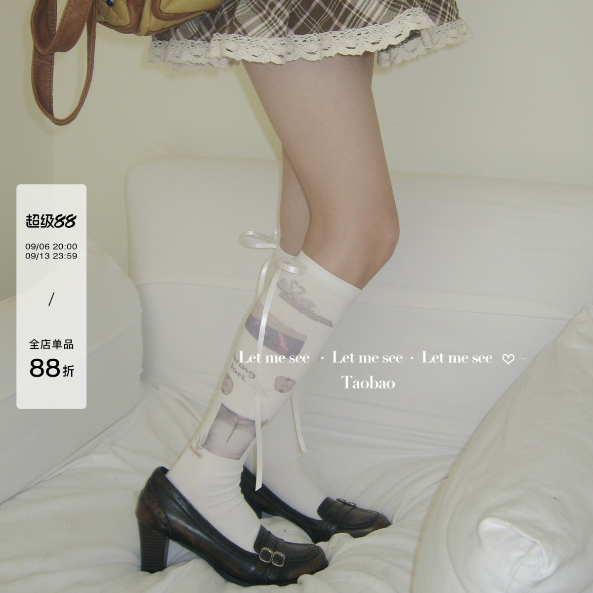 LET ME SEE 原创Lolita印花小腿袜 日系蝴蝶结小众棉中筒女袜图片
