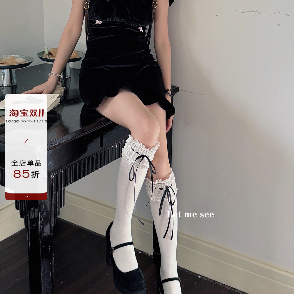 LET ME SEE 蝴蝶结洛丽塔蕾丝花边小腿袜子日系甜美小腿显瘦