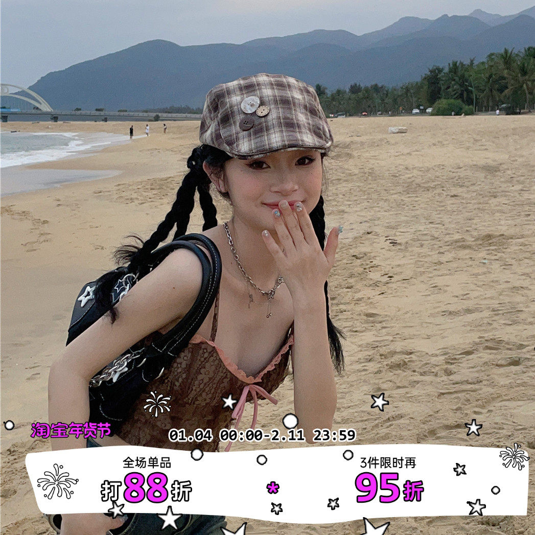 LET ME SEE 小众画家 y2k亚文化格子帽可爱复古纽扣前进帽春秋,服饰配件/皮带/帽子/围巾,帽子,淘宝优惠券,粉丝福利购,淘宝优惠卷