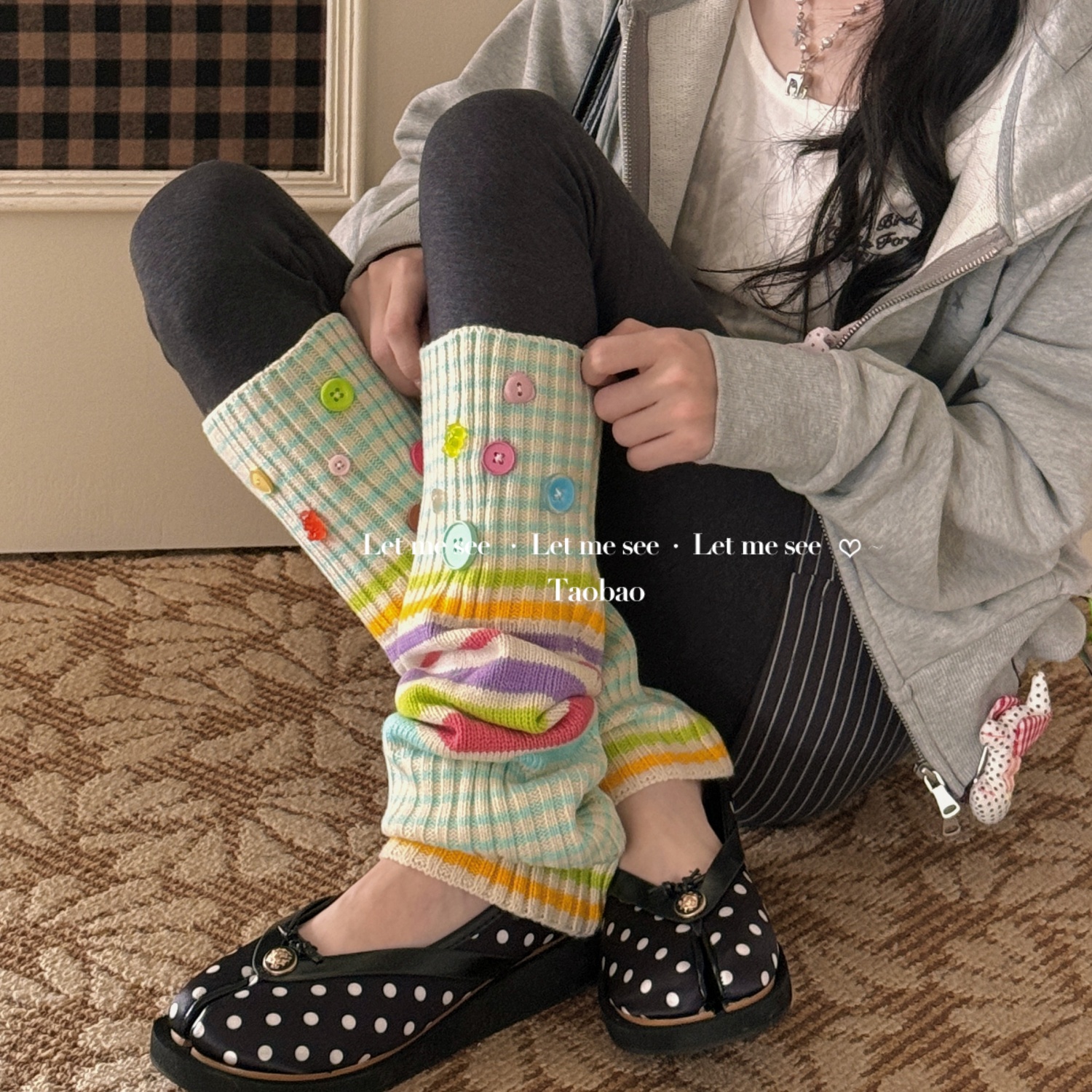 LET ME SEE 彩色纽扣腿套 辣妹条纹撞色堆堆中筒袜y2k亚文化袜套