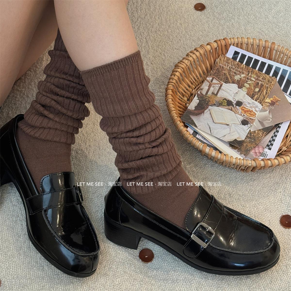 LET ME SEE 纯棉条纹堆堆袜套女日系慵懒风修饰腿型针织腿套秋冬