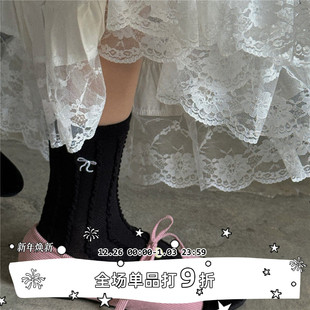 萝莉少女春夏季 SEE 泡泡袜女中筒袜刺绣蝴蝶结堆堆袜纯色 LET