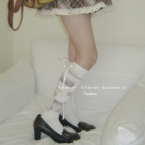 LET ME SEE 原创Lolita印花小腿袜 日系蝴蝶结小众棉中筒女袜
