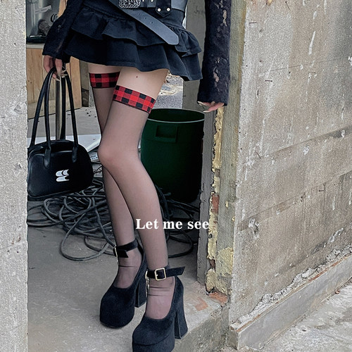LET ME SEE自制超薄jk制服过膝袜透明格子大腿高筒袜长筒吊带袜