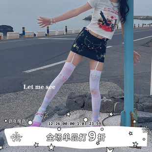 原创Lolita卡通漫画印花吊带长筒袜天鹅绒过膝袜高筒 SEE LET