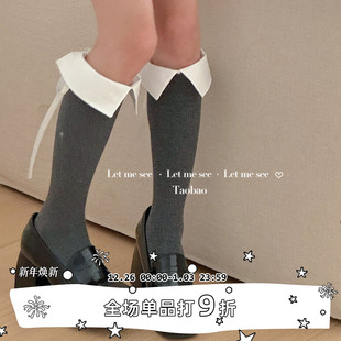 原创简约时髦翻领小腿袜 SEE 复古绑带蝴蝶结中筒棉袜 LET