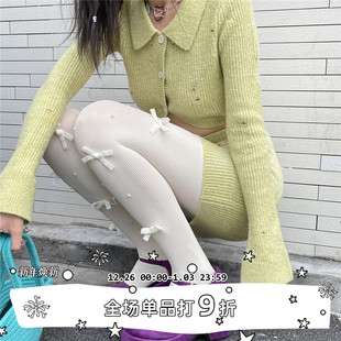 袜可咸可甜少女打底袜 SEE秋冬奶白竖条丝绒蝴蝶结珍珠连裤 LET