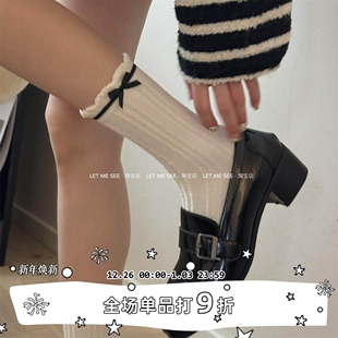 甜美蝴蝶结袜子少女白色花边无骨棉袜 SEE 中筒堆堆袜 LET