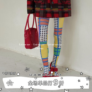 袜 LET 原创小众撞色格子印花连裤 SEE 千禧y2k时髦波点打底袜