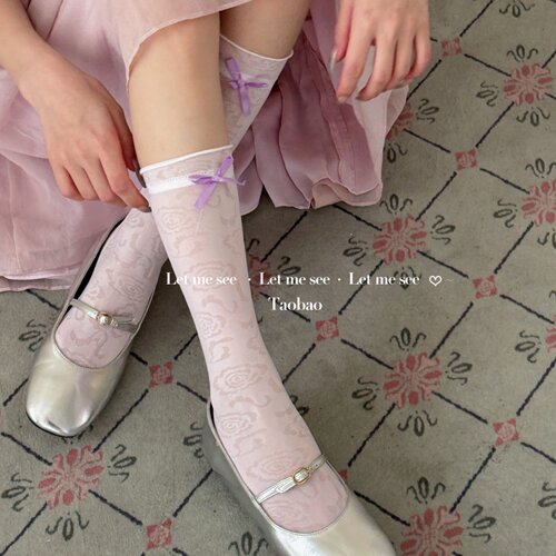 LET ME SEE 春夏甜酷色彩冰感弹力小腿袜暗纹玫瑰花木耳边堆堆袜