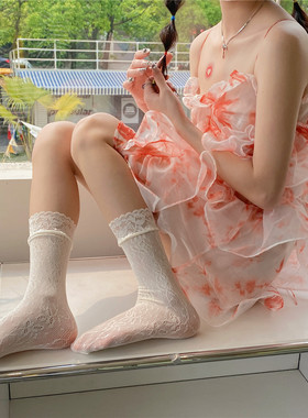 LET ME SEE 花边中筒袜镂空薄款透气jk少女堆堆袜