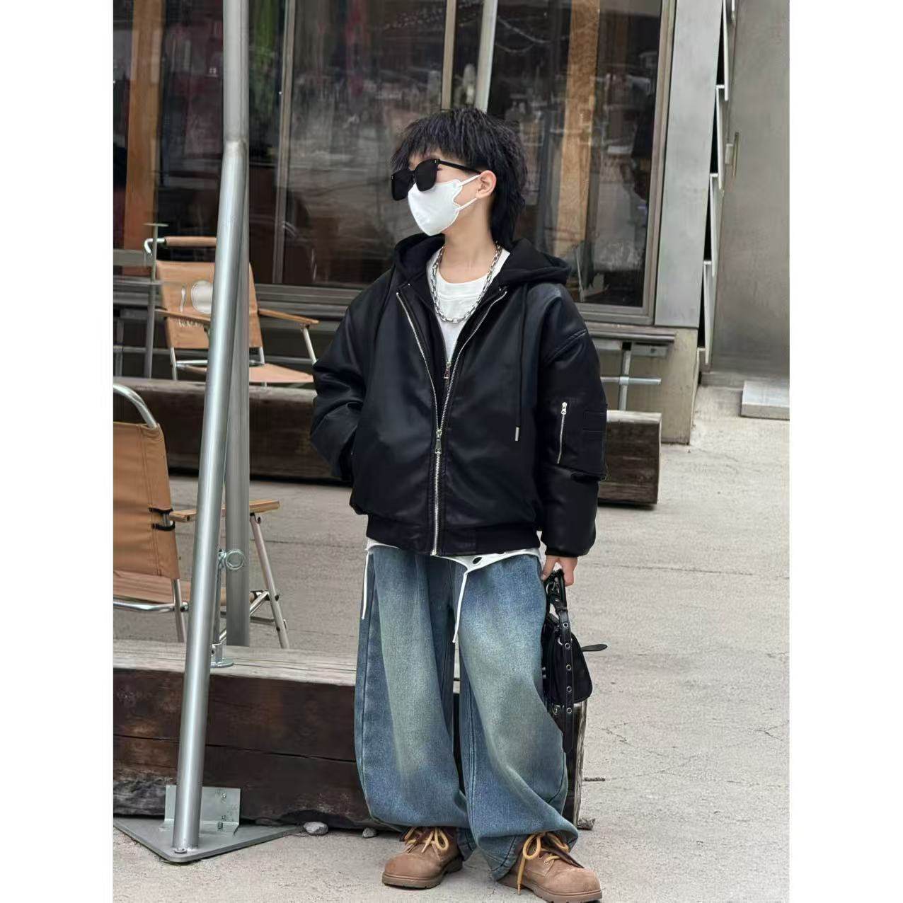 THE LUHAN【柏林简讯】秋冬复古机车连帽皮衣男童亲子装外套25747