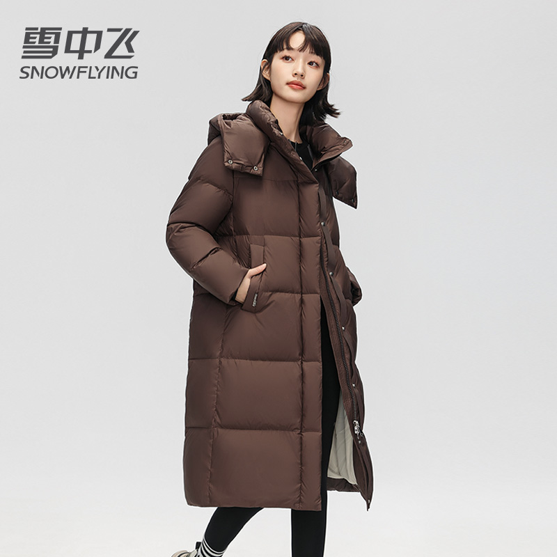 雪中飞羽绒服女款新款冬季长款过膝连帽加厚宽松韩版休闲外套