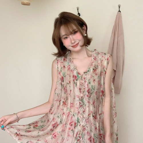 Flower April（FA）-玫瑰庄园好看玫瑰晕染印花木耳边背心170958-