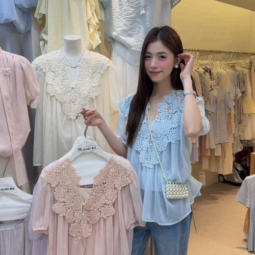 MSTUDIO漫莎-26年夏上新香榭花园仙气温柔韩系气质V领蕾丝短c6935