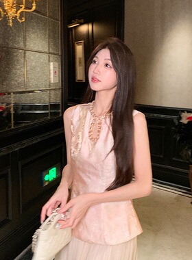 M.W嫚维-国风新中式-26夏上新浮光锦钉珠片无袖小衫收腰上衣背576