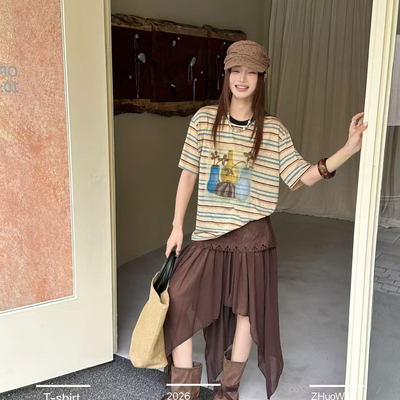 卓娃-26夏上新花瓶花朵印花夏日休闲条纹短袖T恤7232#