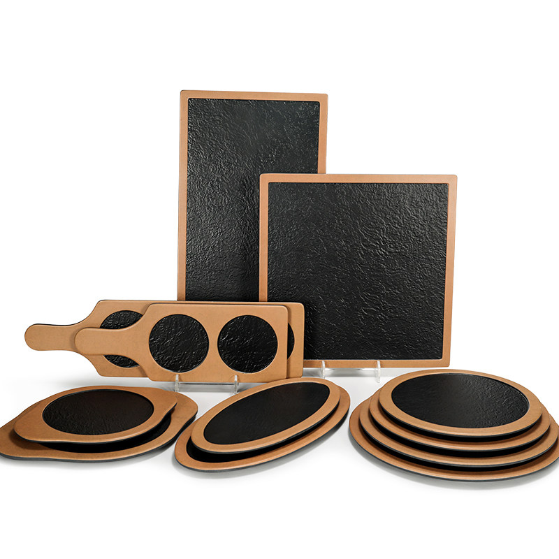 商用黑色圈花密胺长方石板塑料手柄烧烤盘平盘仿瓷餐厅日式凉菜盘