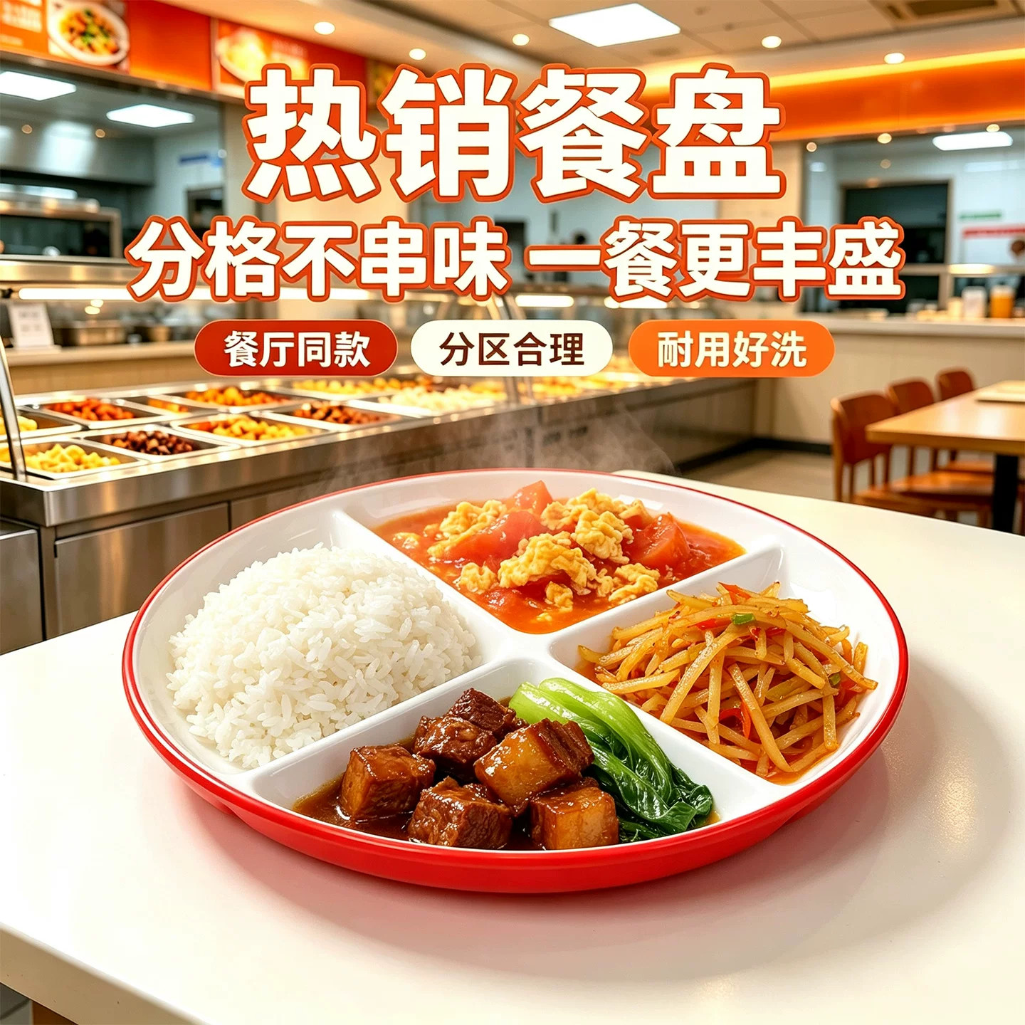 A8密胺分格餐盘密胺餐具食堂学校餐厅专用四格快餐盘分格圆盘商用