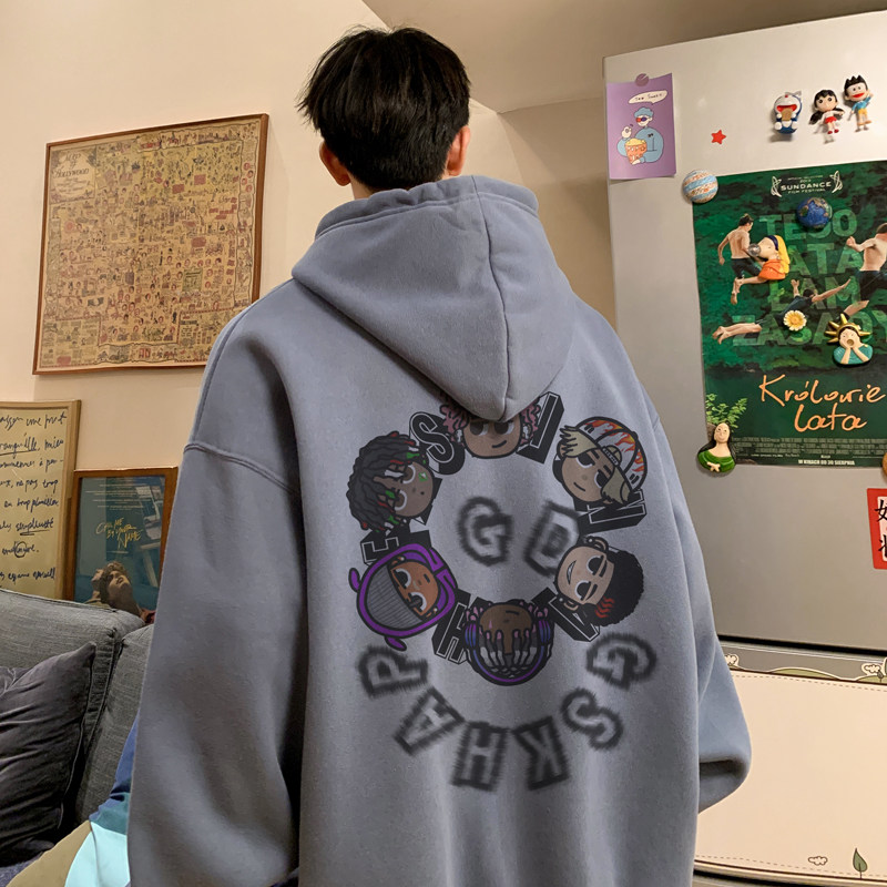 美式重磅连帽卫衣男款潮牌印花灰色西海岸hiphop痞帅高街外套春季图片