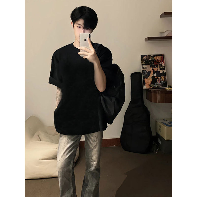 韩系纯黑色cleanfit短袖T恤男款夏季小领口重磅半袖青少年体恤衫图片