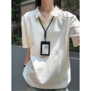 美式潮牌韩系白色海欧领polo衫男夏季正肩高级感情侣短袖T恤潮流