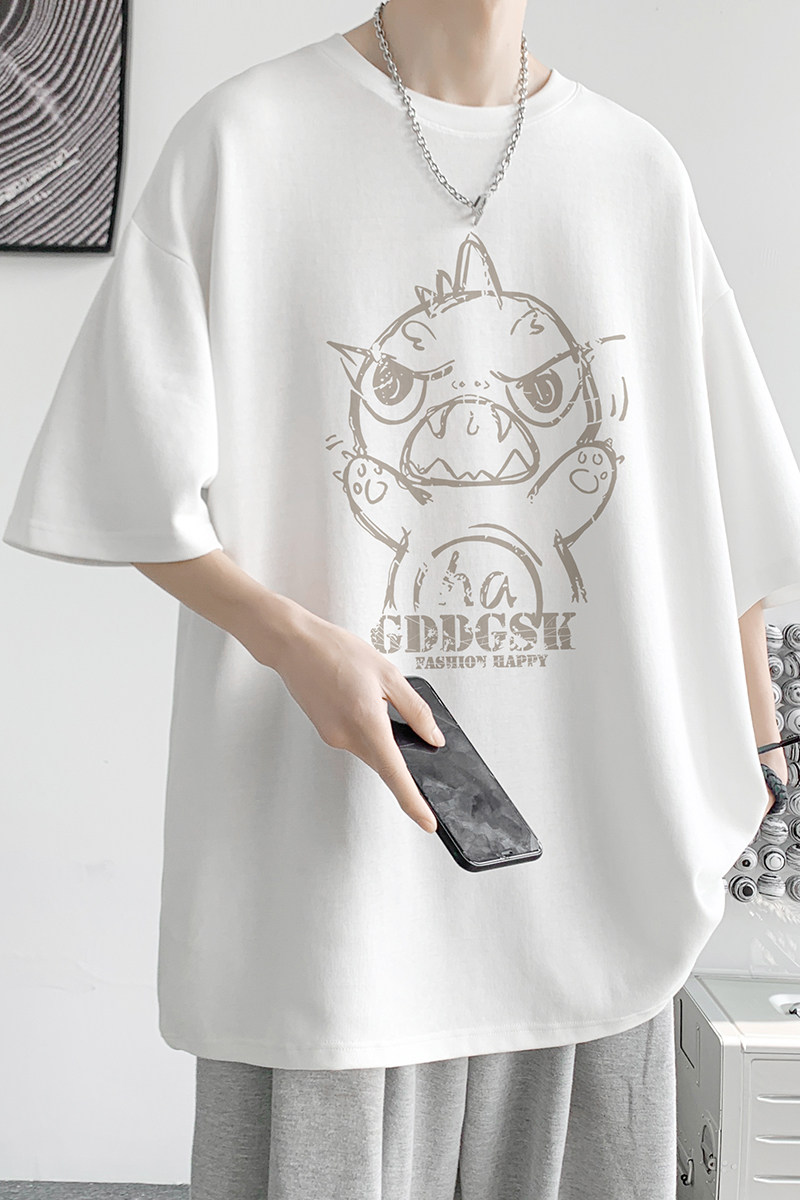 恐龙涂鸦青少年男士夏天短袖t恤男潮牌潮流体恤大码男装7分半截袖,男装T恤,电商B316