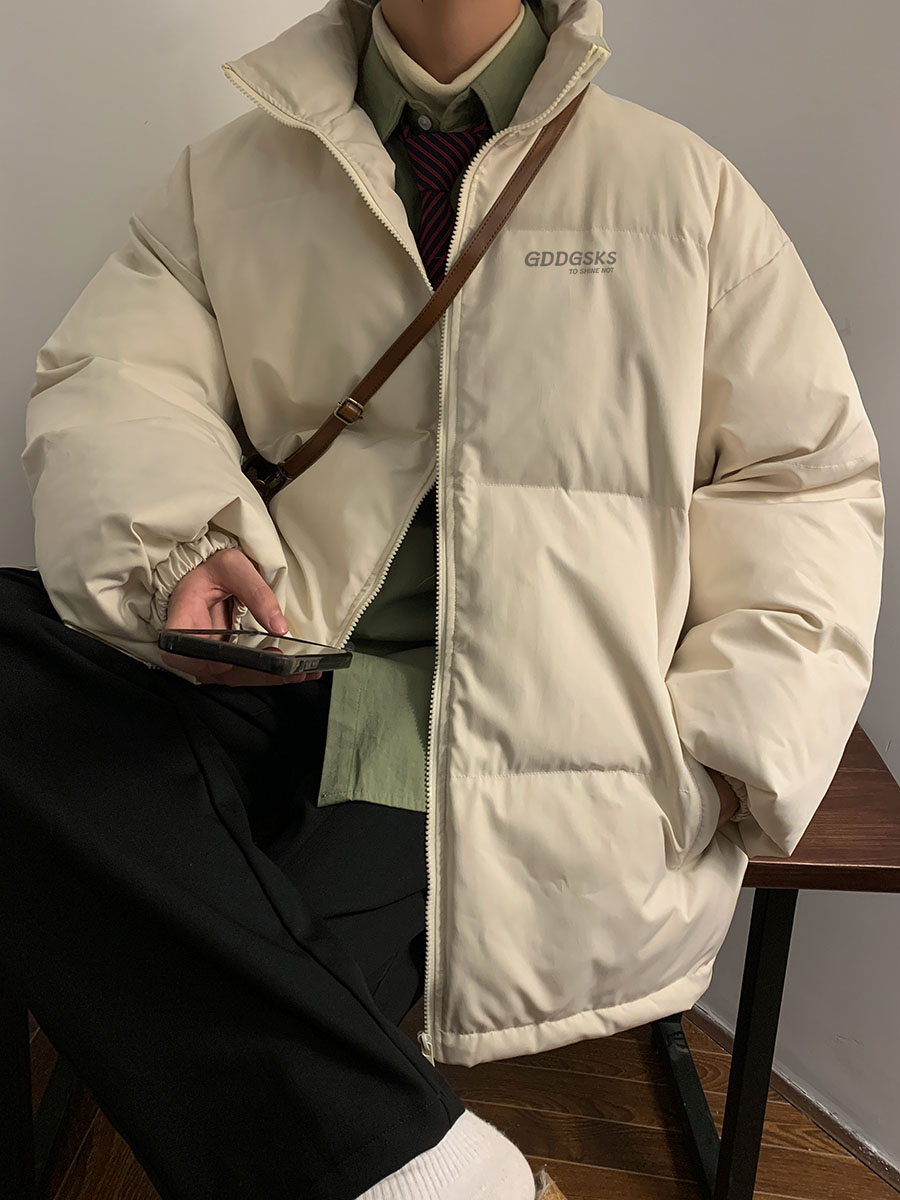 白色羽绒棉服男冬季加厚立领保暖棉衣情侣面包服大码美式街头外套,男装棉衣,电商B316
