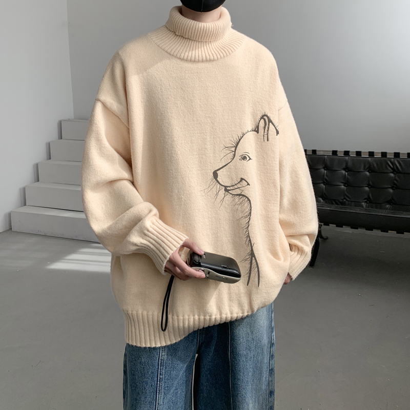 已注册/冬季小狗印花高领毛衣翻领上衣男宽松外套情侣MY9504/P45，男装针织衫/毛衣，电商B316