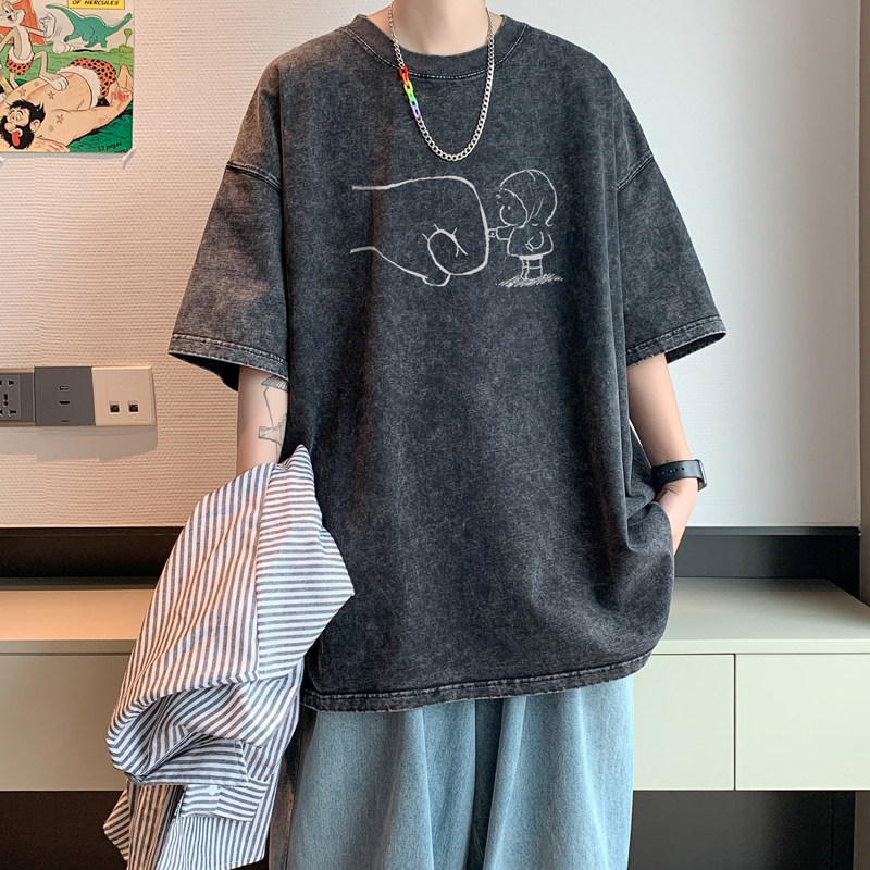 水洗重磅新款夏季印花黑色港风短袖T恤男生打底衫体恤DT3621/P35,男装T恤,电商B316