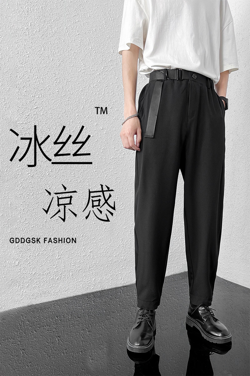 抖音品质冰丝面料夏季腰带小西裤男女魔术贴休闲裤XK8568/P40,男装休闲裤,电商B316