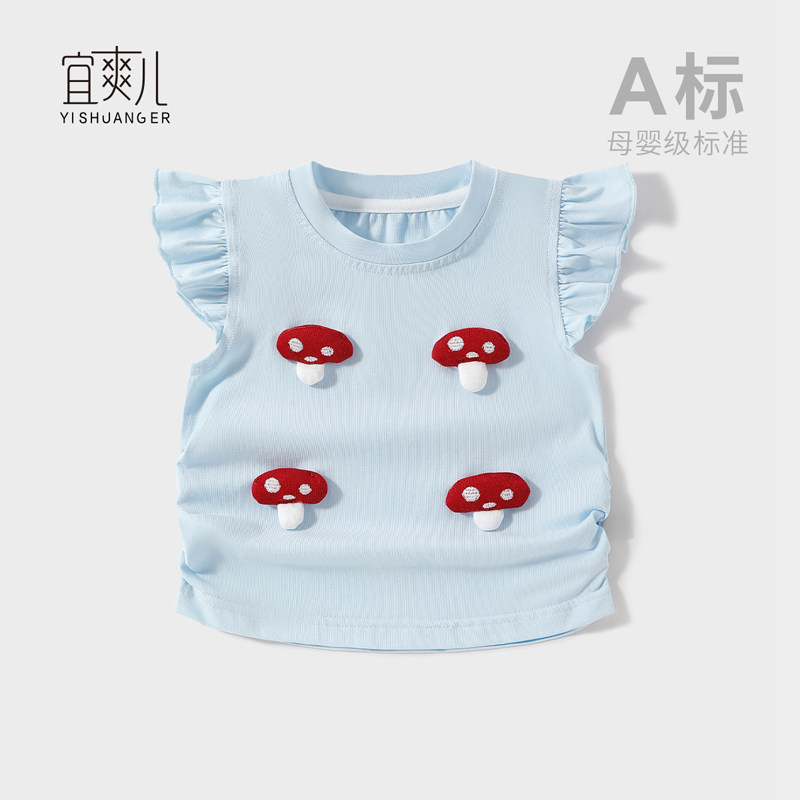 女童夏季新款薄棉飞袖T恤图片
