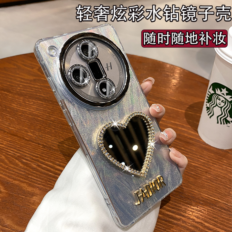银白色羽纱适用oppoFindX7Pro手机壳2025新款高级感findx8奢华闪钻爱心x7ultra带镜头膜全包防摔x8网红女镜子
