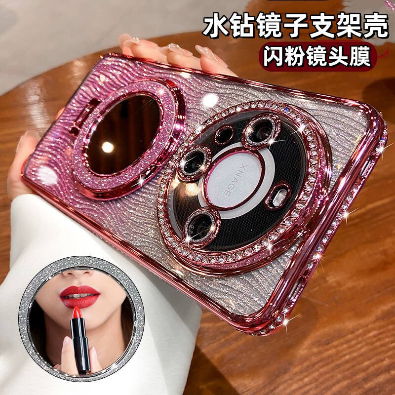 闪粉镜子磁吸支架适用华为Mate60手机壳新款60Pro高级感女款70Pro+奢华水钻带镜头膜mt70+全包防摔软硅胶保护图片