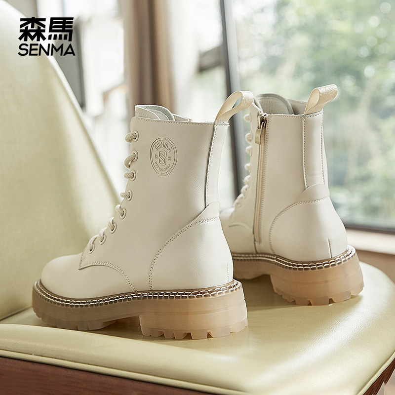 森马白色马丁靴女英伦风秋季中筒骑士靴百搭八孔加绒棉鞋拉链靴子